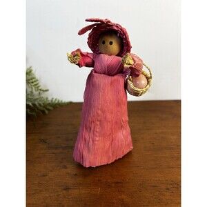 Vintage Corn Husk Doll Folk Lady Bunny Pink With Easter Hat & Basket